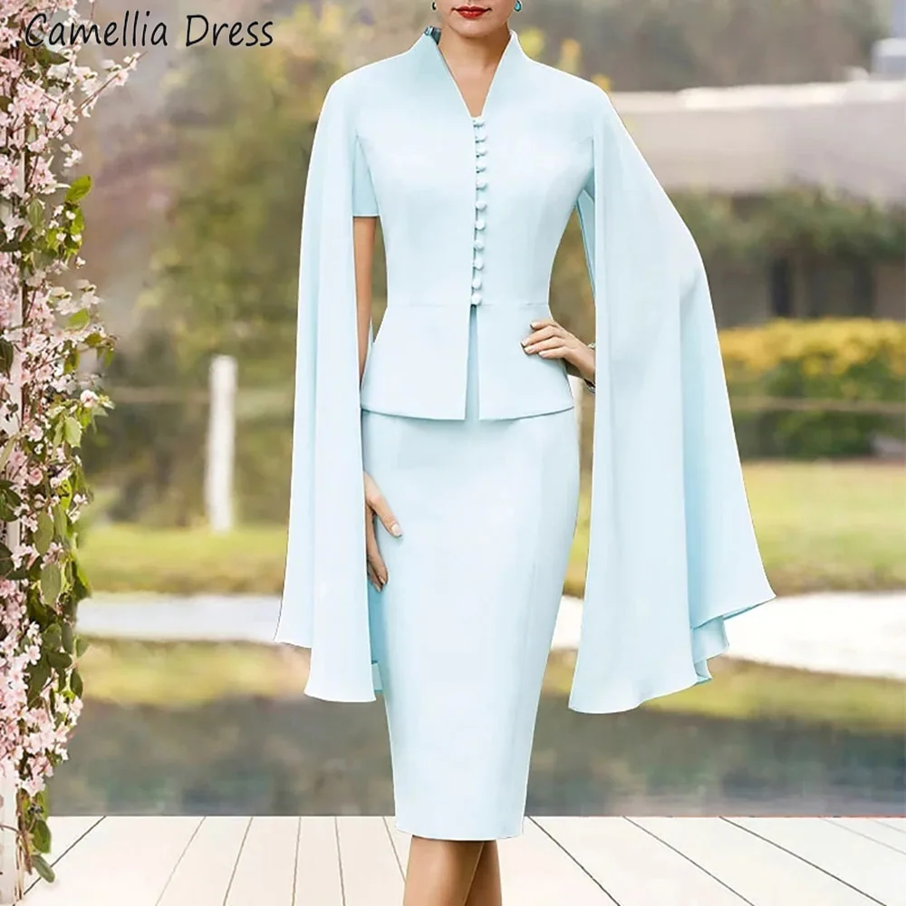 

Graceful Square Neck Mermaid Mother Of The Bride Dress For Wedding Tea Length Buttons Long Sleeves Vestidos Para Madrina