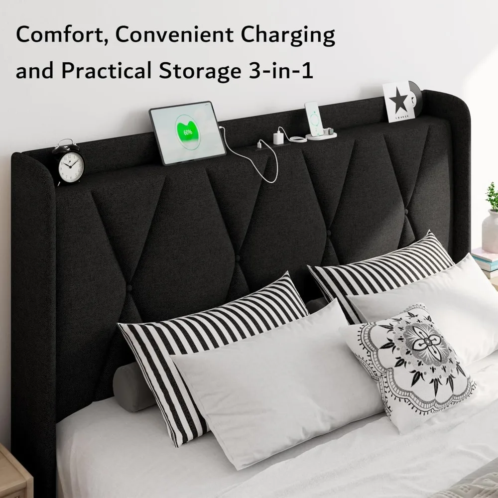 iPormis Queen Bed Frame with 4 Storage Drawers, Upholstered Platform Bed Frame with Charging Station, Modern Wingback Storage He