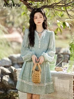 MISHOW Chiffon Printed Dress for Women Spring 2025 French V-neck Hollowed Out Lace Patchwork Medium Length Dresses MXE12L2096