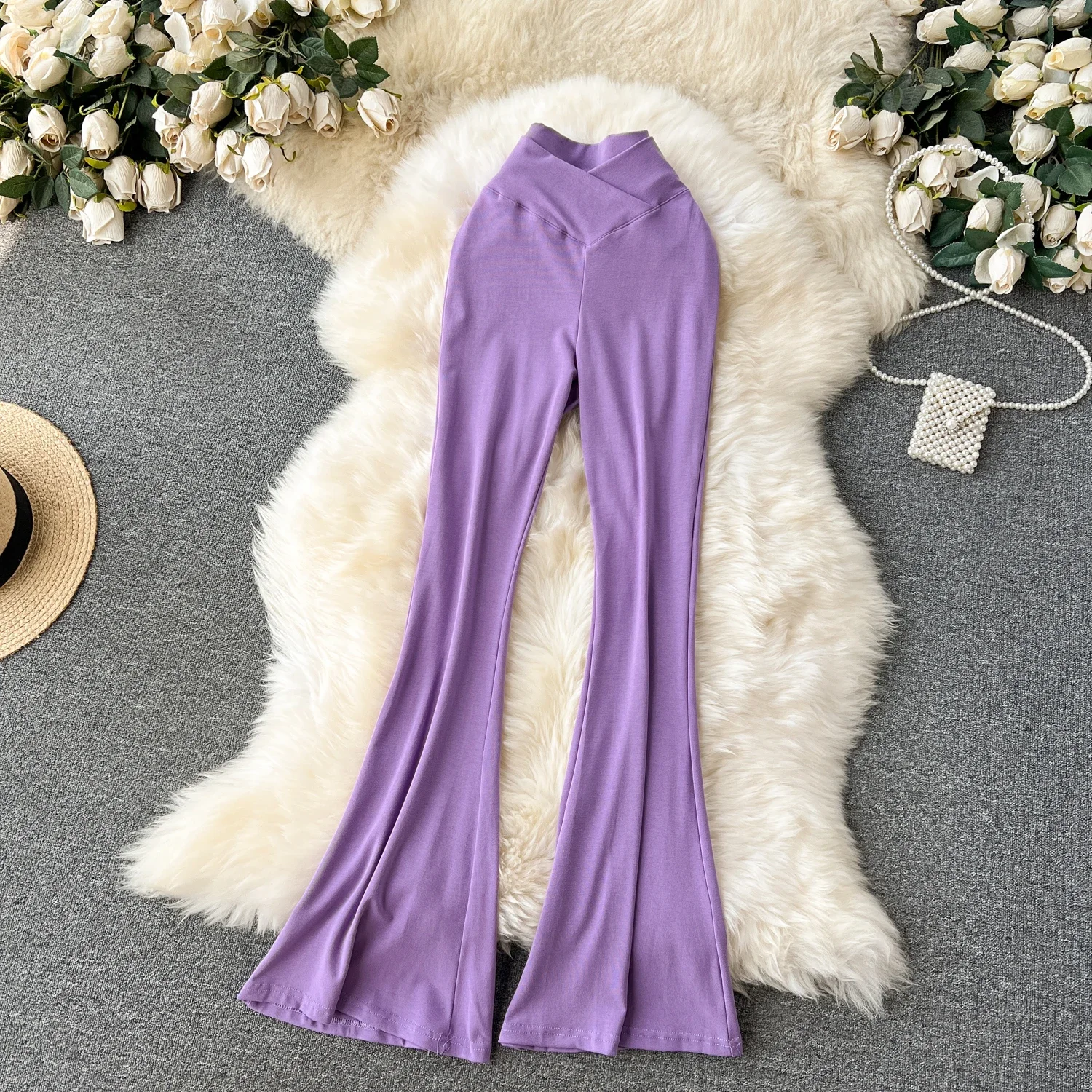 Women Solid High Waist Flare Pants Wide Leg Korean Fashion Elegant Casual Vintage Autumn Streetwear Clothing