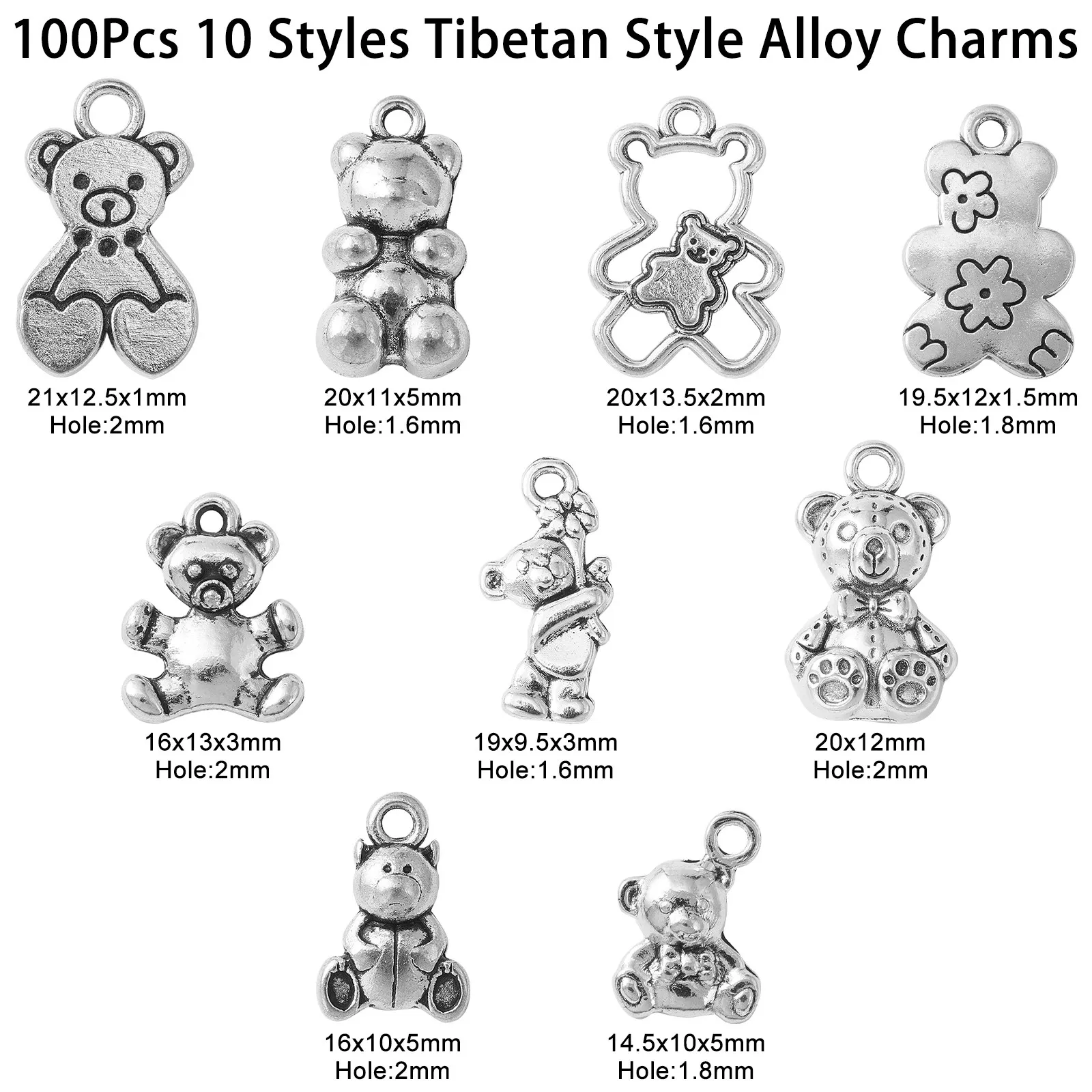 100Pcs 10 Styles Tibetan Animal Bear Charms Antique Silver Cute Baby Toy Bear Charms for Jewelry Earrings Making Supplies