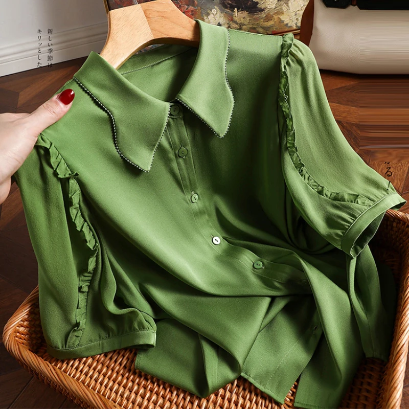 

Однотонная атласная блузка с коротким рукавом, Женская Повседневная шелковая рубашка на пуговицах, летняя одежда 2023, свободная зеленая блузка, блузы 26857