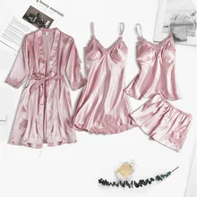 

4pcs Silk Robe Set Women Lace Pajamas Gown Set V-Neck Nighties Wear Home Nightwear Pijama Sleepsuit Spring Summer Nightdress