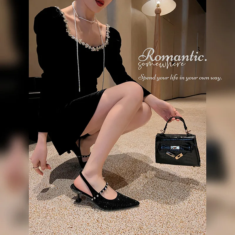 

MKKHOU Fashion Sandals Women New High Quality Pointed Open Heels Blingbling Crystal High Heels Banquet Dress Open Shoes