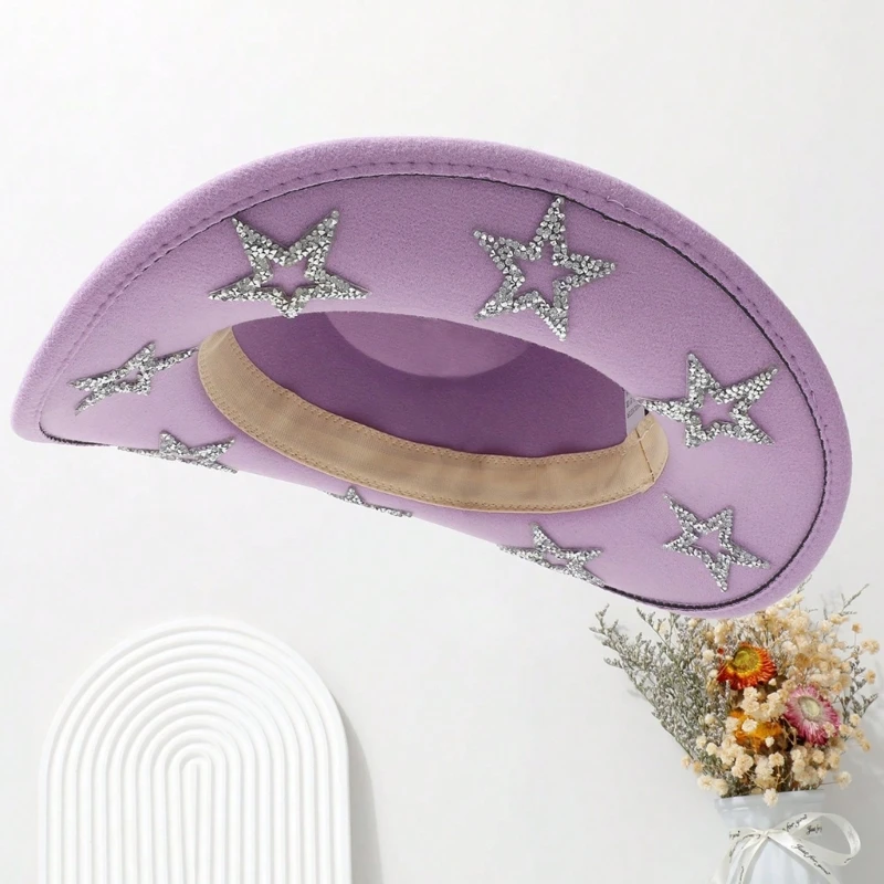 Roll Brims Cowboy Hat for Bride Bridesmaids Elegant Five Pointed Star Cowgirl Hat Party Costume Halloween Party Headwear