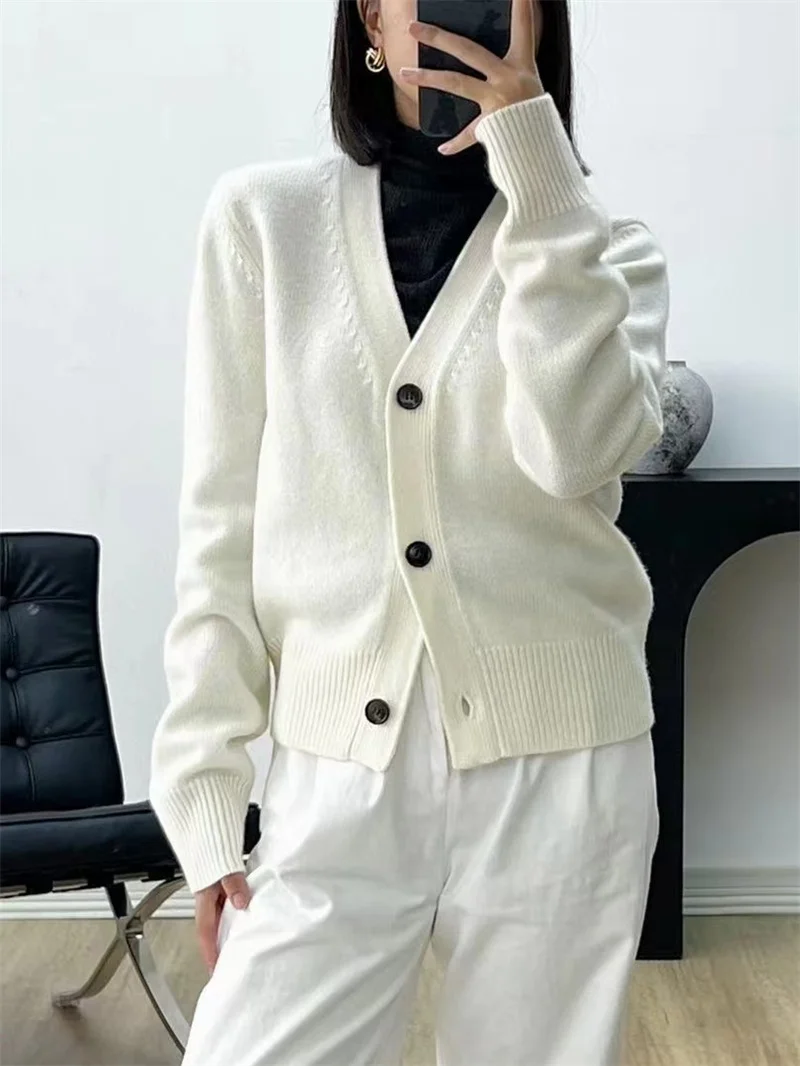

Autumn Winter Women Solid Color Cashmere Knitted Cardigan Ladies V-Neck Long-Sleevedsoft Simple Single-Breasted Sweater Jacket
