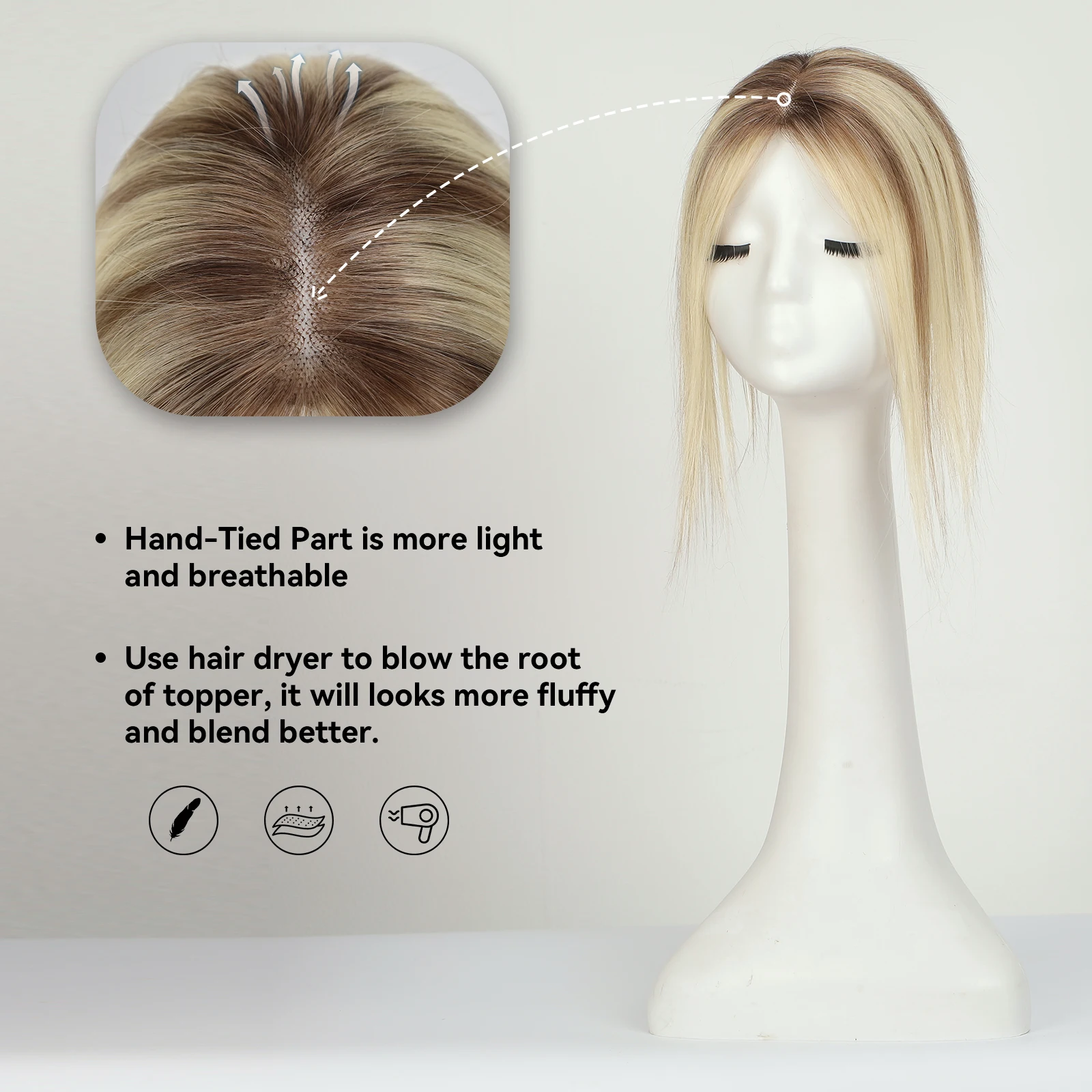 100% Remy Human Hair Toppers Ombre Light Brown Blonde Middle Part Human Hair Pieces for Women with Thinning Clip in Toppers