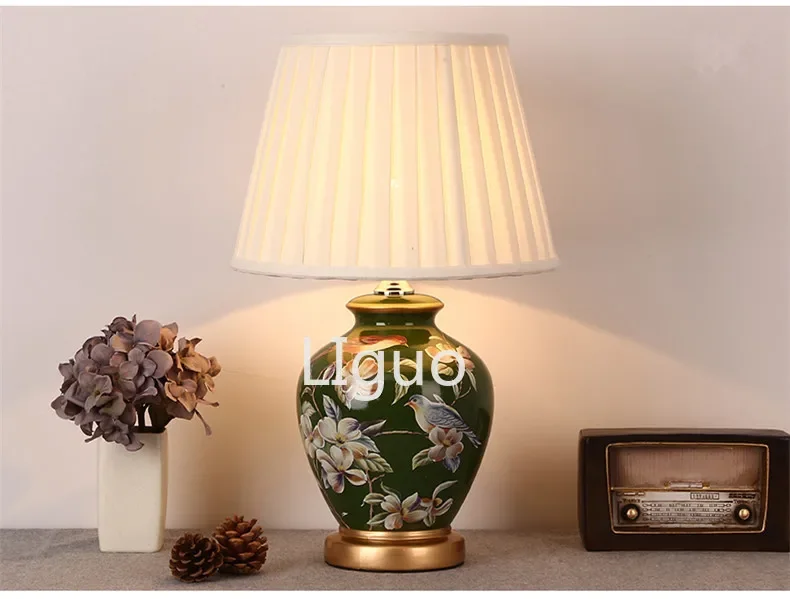 Description Picture 2 of itemChinese rural green flower&bird ceramic Table Lamps traditional Dimmer/Touch switch fabric E27 LED lamp for bedside&foyer MF046
