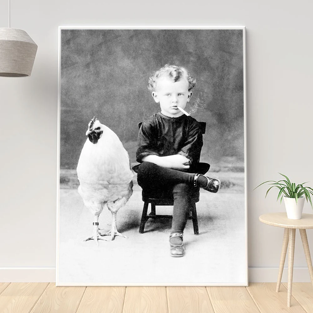 

Funny Giant Chicken Smoking Boy Poster Print Vintage Rooster Wall Art Black White Retro Photo Canvas Painting Room Home Decor