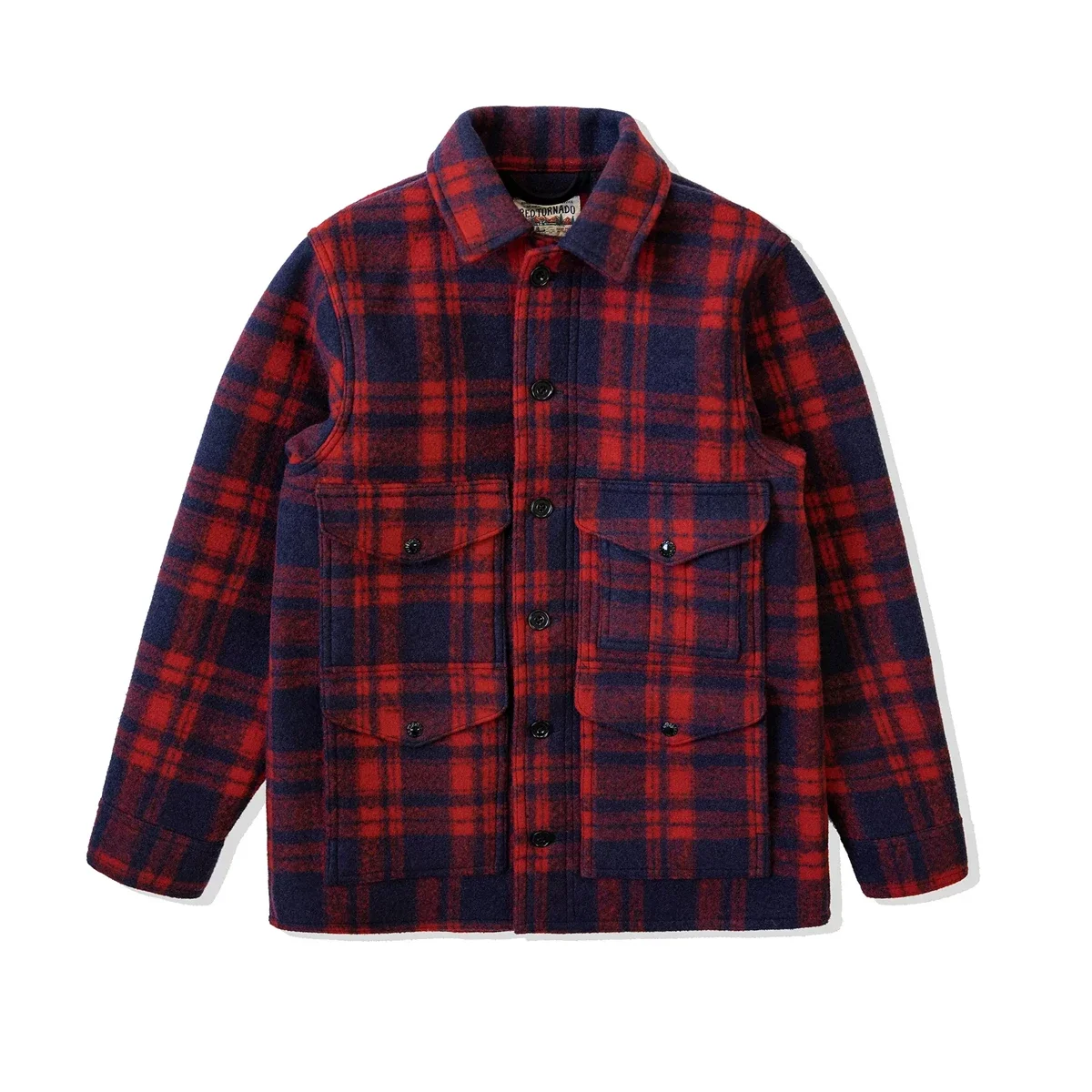 남성용 레드 토네이도 모직 격자 무늬 재킷, 헤리티지 스타일, 레드 및 블루 체크 작업 코트, 두꺼운 플란넬