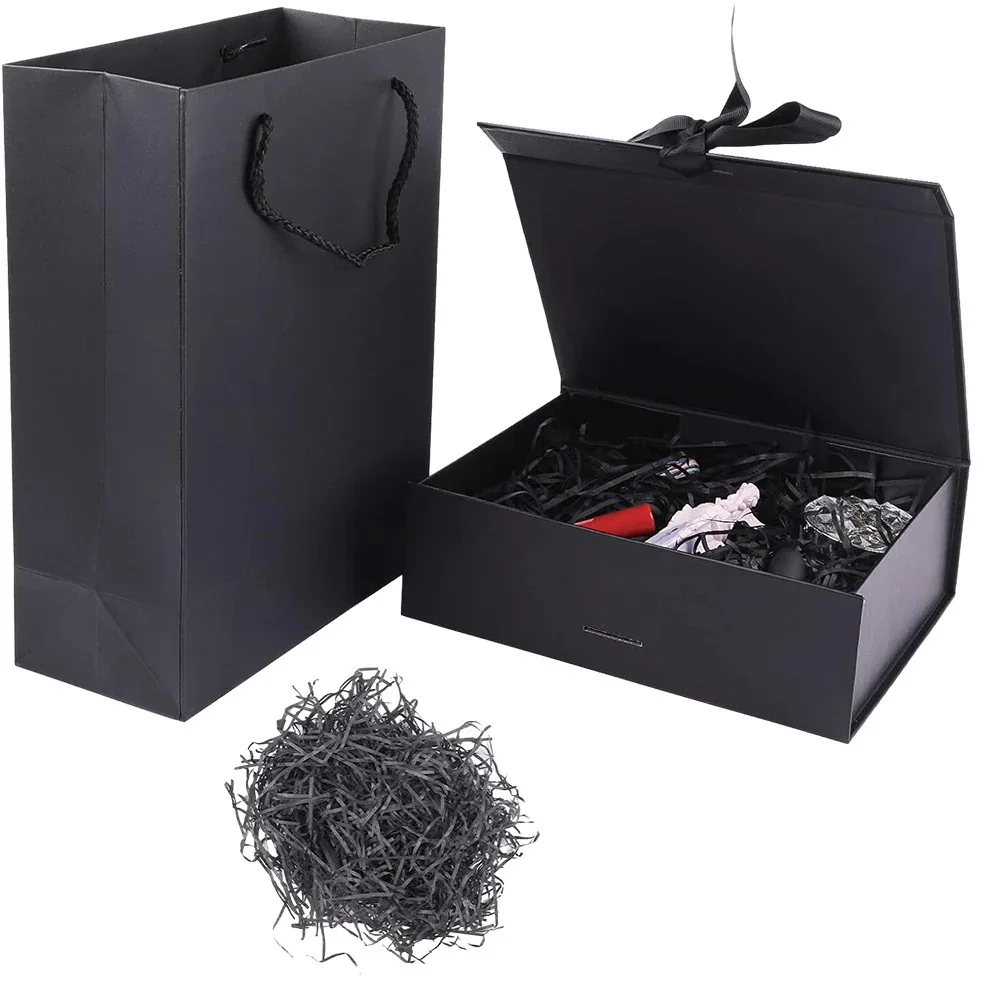 3 Stück schwarze magnetische Geschenkbox mit Deckel, Bändern, Papiertüten, geschredderter Papierfüller für Valentinstagsgeschenke, Verpackungsbox