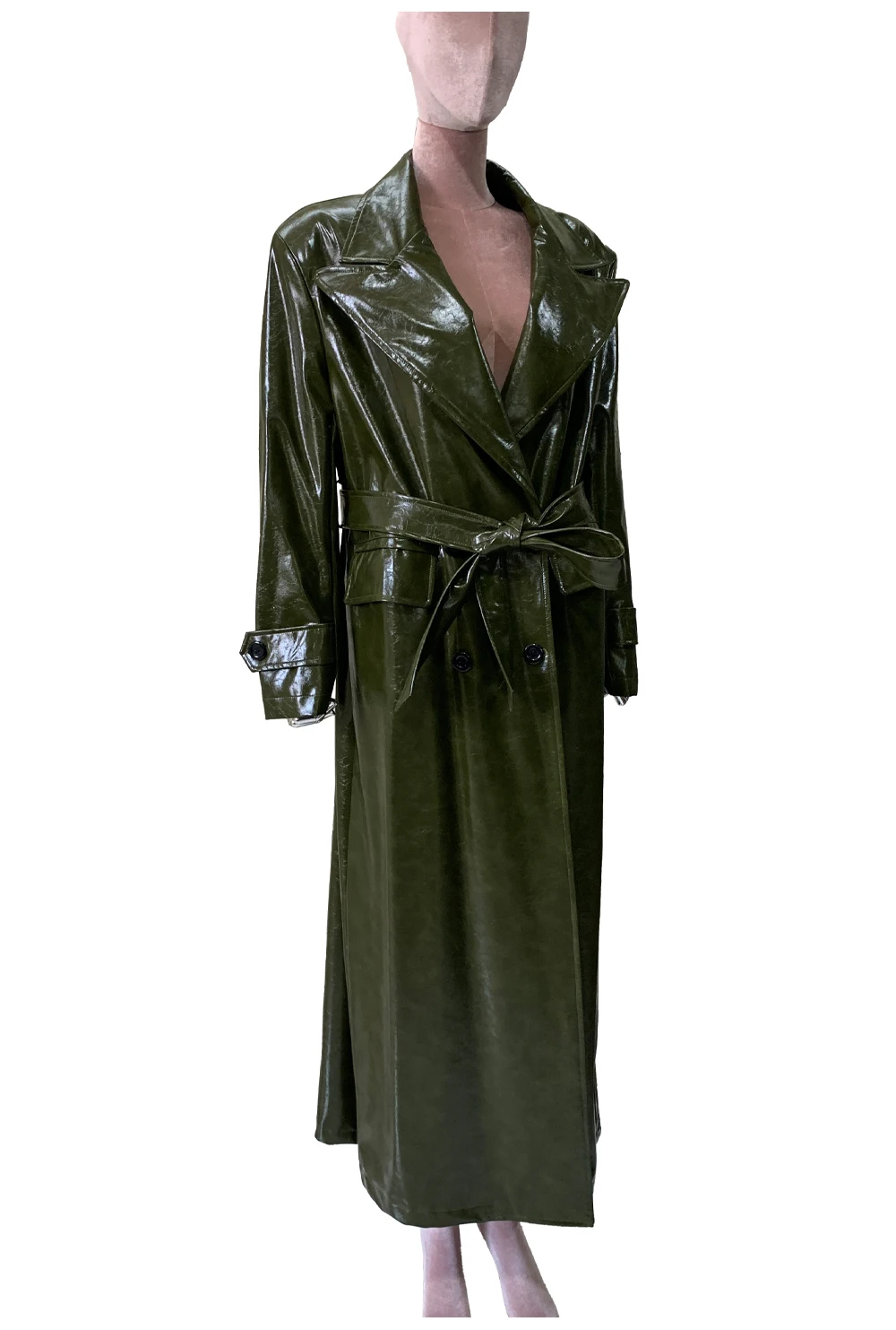 Spring Autumn Loose Extra Long Shiny Patent Faux Leather Trench Coat for Women Peaked Lapel Sahes Double Breasted Overcoat 2026