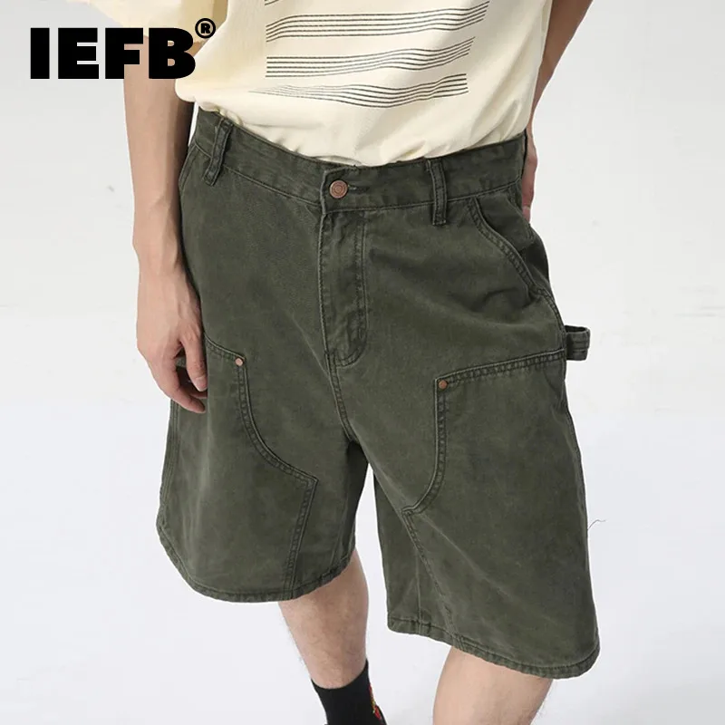 

IEFB Men's Wear Knee Length Denim Shorts Summer New Multi Pocket Loose Jeans Solid Color Japanese Style Male Overalls 9C6027