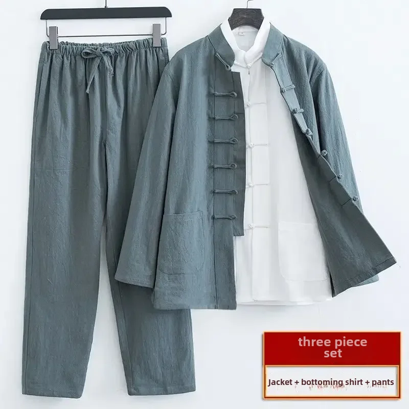 Spring Summer Chinese Style Men's Tang Suit Cotton Linen Long Sleeve Three Piece Suit Traditional Clothing Trendy Tea Clothing mens tang suit