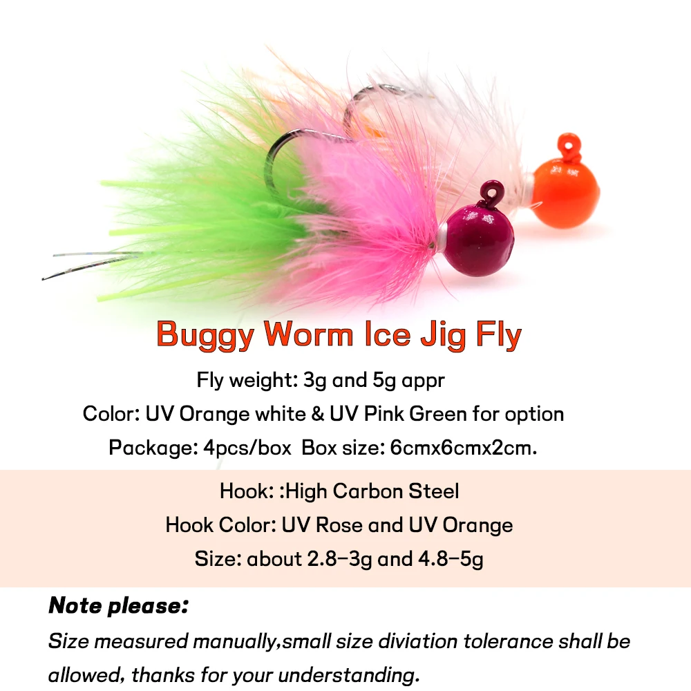 WIFREO 4pcs Weighted Metal Jig Hook Bugger Bait Mini Marabou Crappie Jig Pan Fish Ice Fly Winter Ice Fishing Lure Fast Sink
