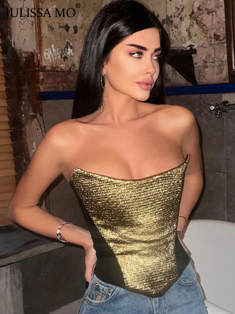 

JULISSA MO Gold Sleeveless Fashion Strapless Bustier Corset Crop Tops Female Backless Solid Women Tops Patchwork Autumn 2023