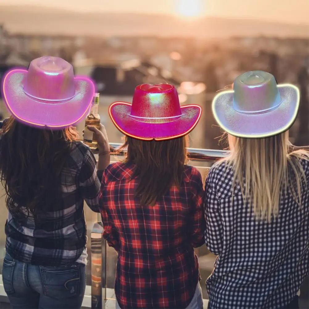 밝은 색상 카우보이 모자, 넓은 챙 헤밍, 방풍 로프, 할로윈 홀로그램 LED 조명, 재즈 모자, 패션 액세서리