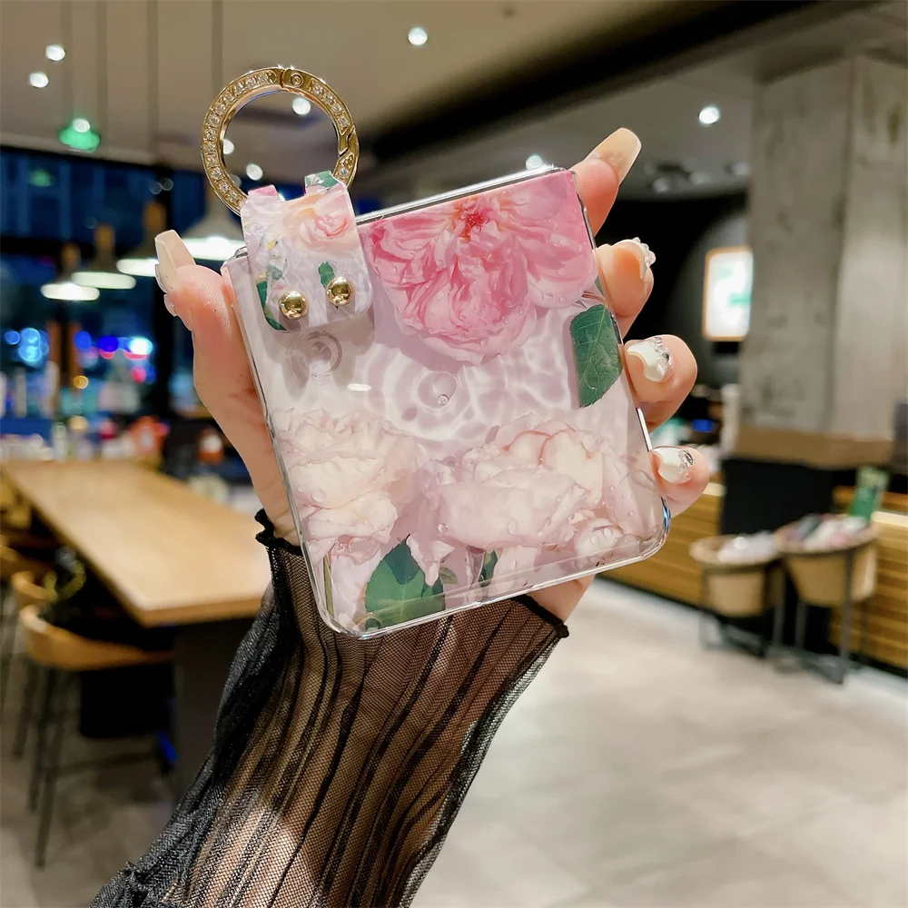 Ring Blue-ray Flower Phone Case For OPPO Find N2 N3 Flip PC Protective Shell Cover