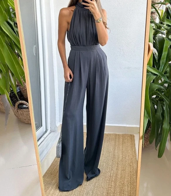 Sweet and Fresh 2024 Women's Jumpsuit Summer Fashionable Casual Solid Color High Waist Loose Fitting Wide Legs Jumpsuit