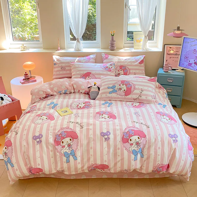Nuevo juego de sábanas de algodón para niños de Sanrio My Melody Cinnamoroll Hello Kitty, juego de tres piezas, funda de edredón con forma de corazón para niña, juego de cuatro piezas