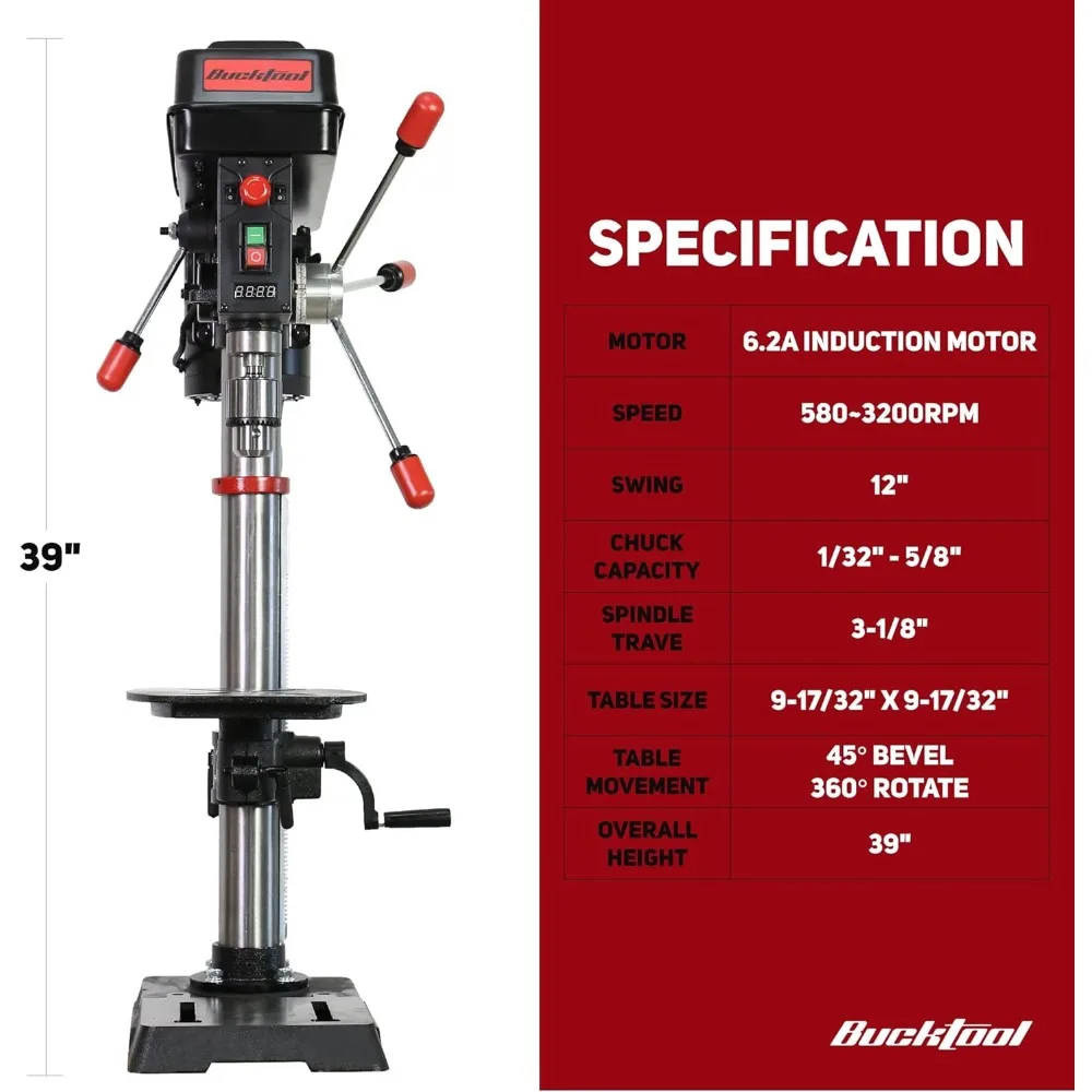 12 INCH 6.2A Professional Bench Drill Press, 3/4HP Powerful Benchtop Drill Press, Variable Speed Drill Press 3