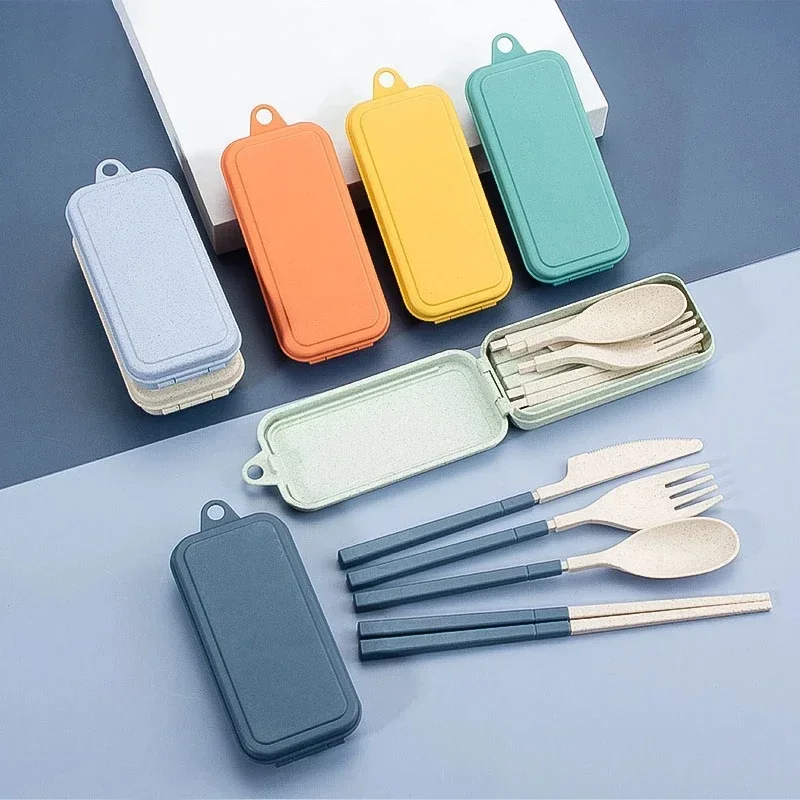 Wheat Straw Dinnerware Set 4pcs Portable Tableware Knife Fork Spoon Chopsticks Set Travel Cutlery Eco-Friendly Utensil Box cutlery set,western style cutlery set,picnic cutlery set,stainless steel cutlery set,picnic tableware,camping cutlery set,wooden cutlery set