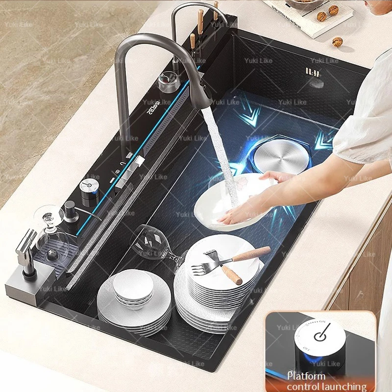 Stainless Steel Waterfall Kitchen Sink With Knife Holder Embossed Extra Large Single Slot Digital Display Faucet Set 3
