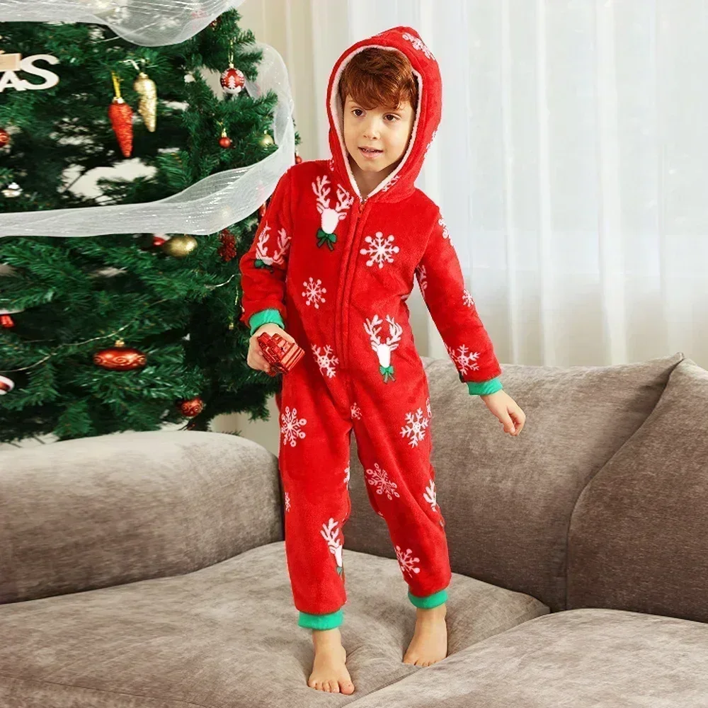 New Family Christmas Clothes Red Flannel Pajamas Warm Soft Jumpsuit Print Parent-child Matching Outfits Hooded Romper Xmas Look 3