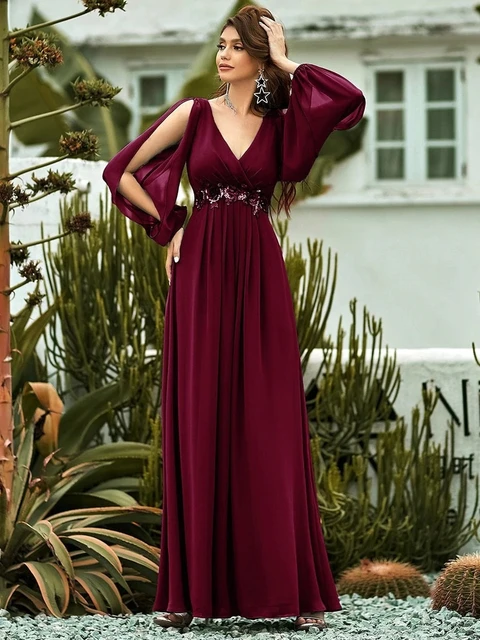 Elegant Evening Dresses Chiffon Long A-LINE long sleeves V-neck 2022 ever pretty Of flower belt Prom Dress Women EP00461 3