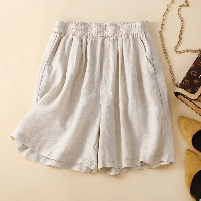 New Plus Size Women's Pants Cotton Linen Elastic Waist Slimming Bell Bottoms Casual Versatile Solid Colors Shorts Summer