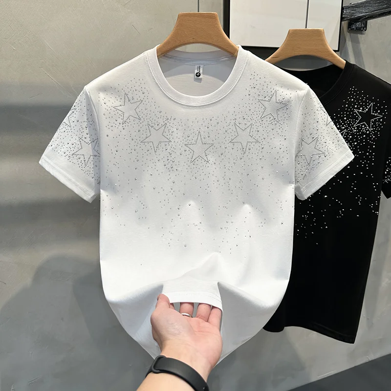 2025 Men T-shirt Short-sleeved Star Hot Diamond Internet Celebrity Explosion High-end Niche Half-sleeved T-shirt 2