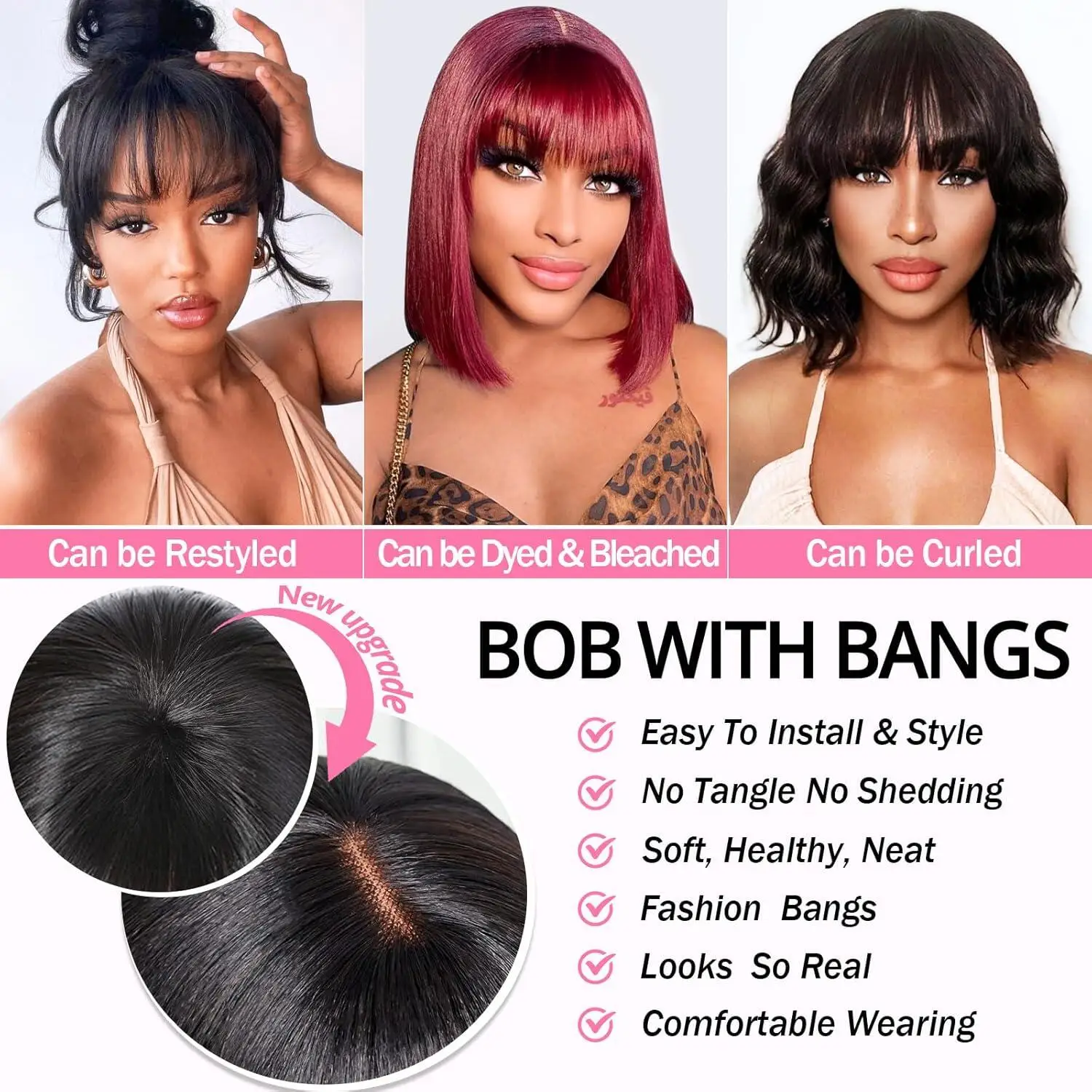 2x1 Straight Bob Lace Closure Wigs with Bangs For Women Brazilian Hair Short Straight Wig With Realistic Scalp On Top 8-14 Inch 6
