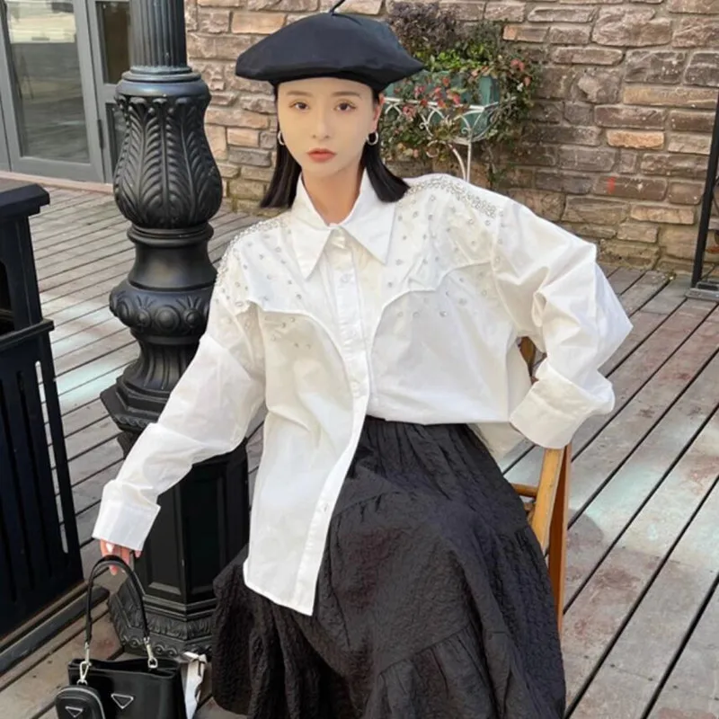 

Heavy Work Diamond Design White Shirt Women New Spring Loose Button Up Fashion Blouse Tops s560