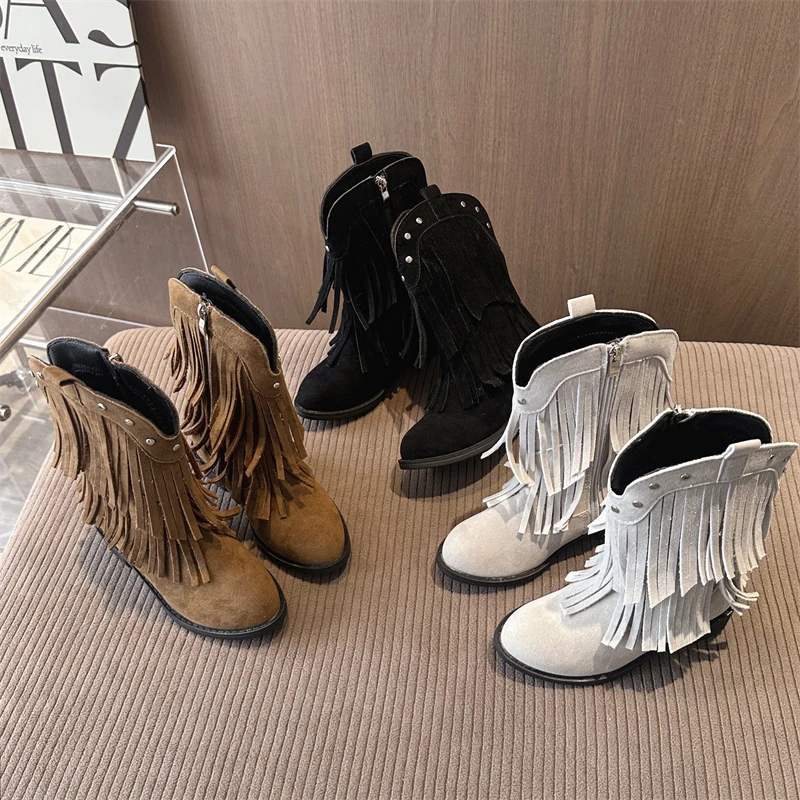 2025 Autumn New Children's Ankle Boots Retro Tassel Girls Fashion Princess Boots Solid Color Causal Non-slip Kids Leather Boots