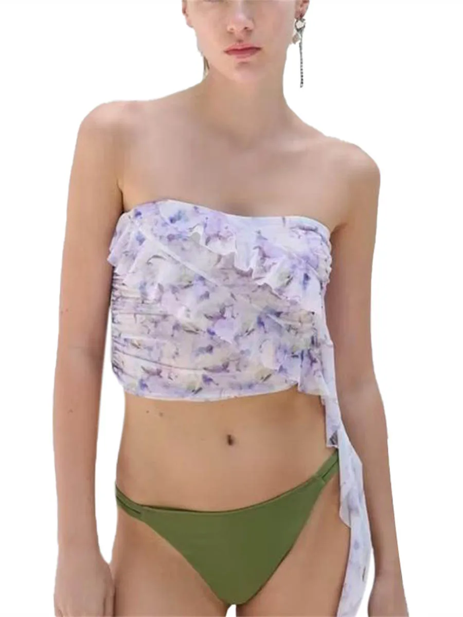 

Eghunooye Damen Sommer Tailliert Tube Tops Ärmellos Schulterfrei Floral Mesh Unregelmäßige Rüschen Trim Crop Bluse Top