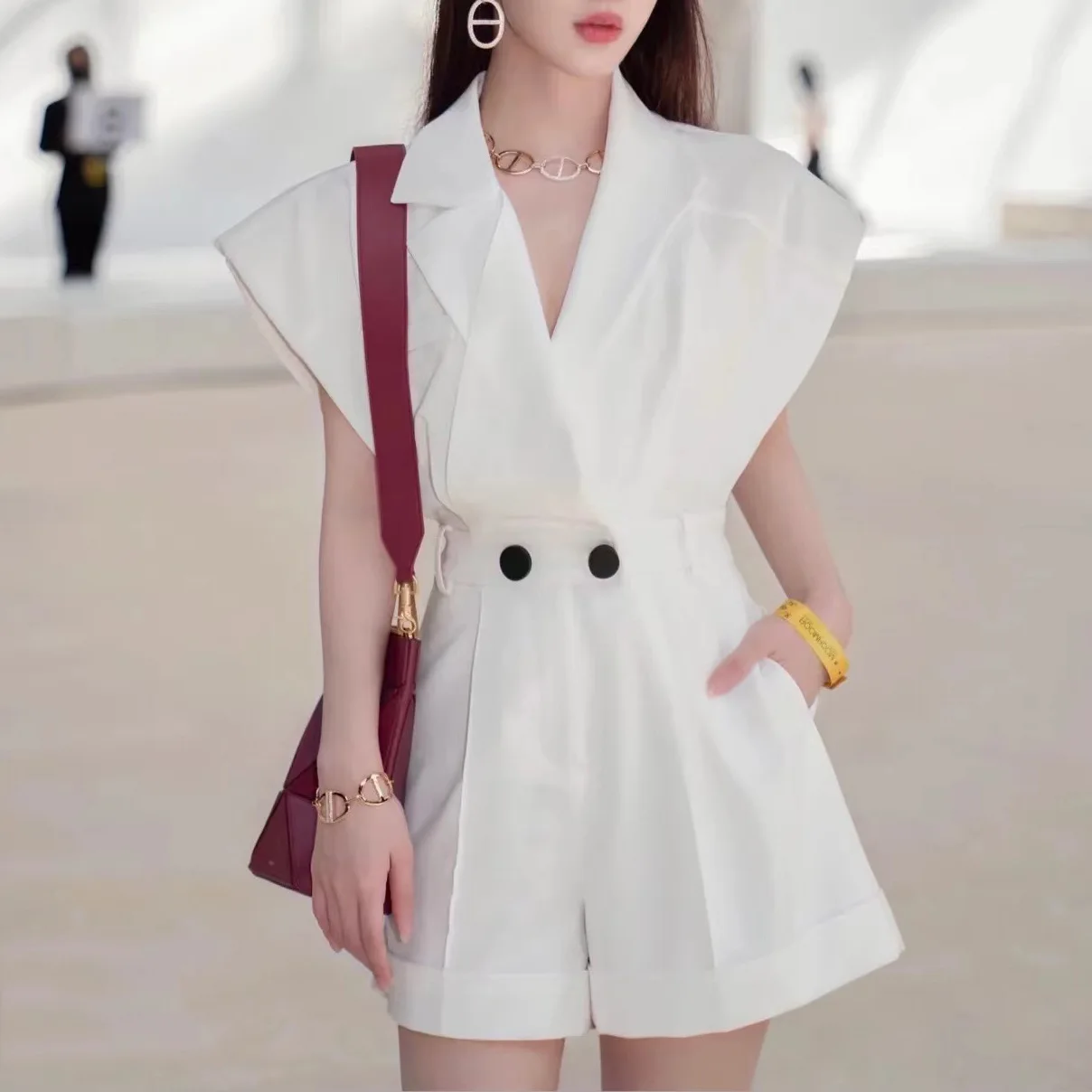 

2024New Women's V-Neck Shite Jumpsuit, Salt, Girlfriend, Temperament, Frock, Conjoined, Spring