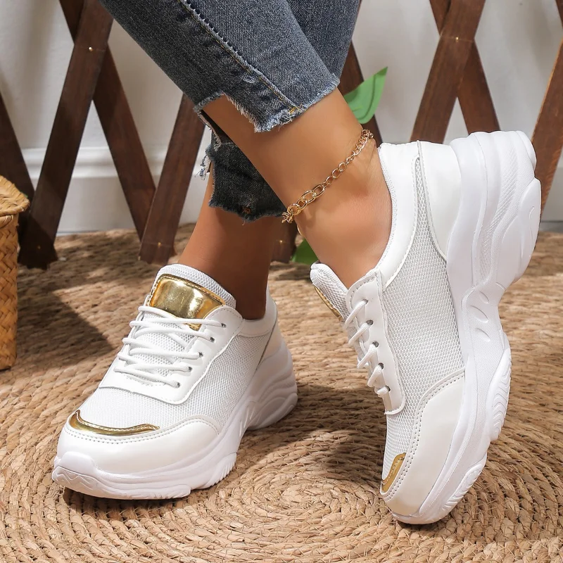 New Heel Mesh Sports Shoes Sneakers Women's Breathable Lace-up Platform Sneakers Splicing Lace Up Outdoor Vulcanized Shoes 3