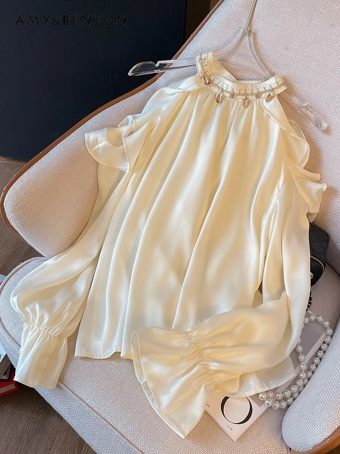 Spring French Gentle Beaded Temperament Shirt Women Bell Sleeve Off Shoulder Loose Slim Shirts Sweet Elegant All-Match Blouse