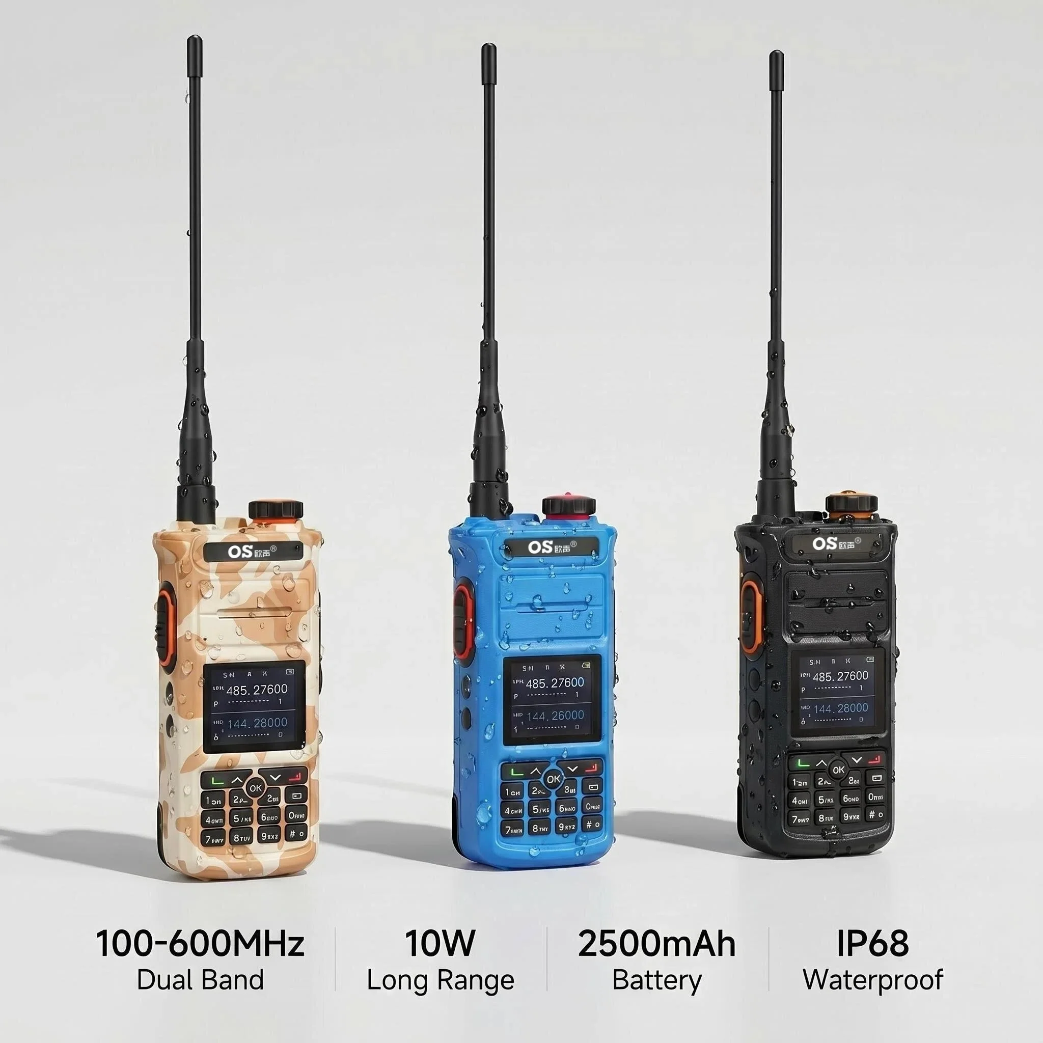 IP68 방수 UHF&VHF 양방향 무전기 2500mAh 배터리 LED 화면 장거리 통신 야외 활동용