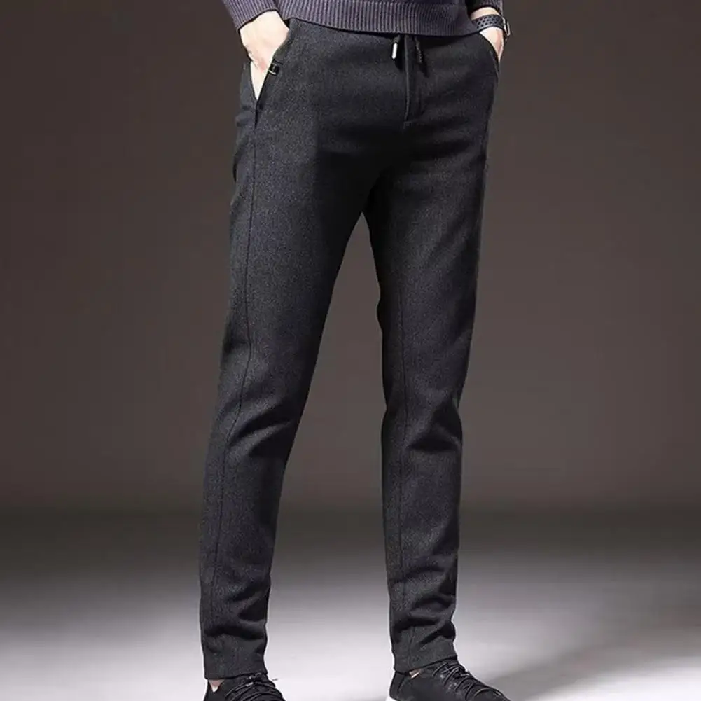 

Men Business Trousers Men's Straight Solid Color Mid Elastic Waist Drawstring Pants with Pockets Ankle Length Zipper for Loose