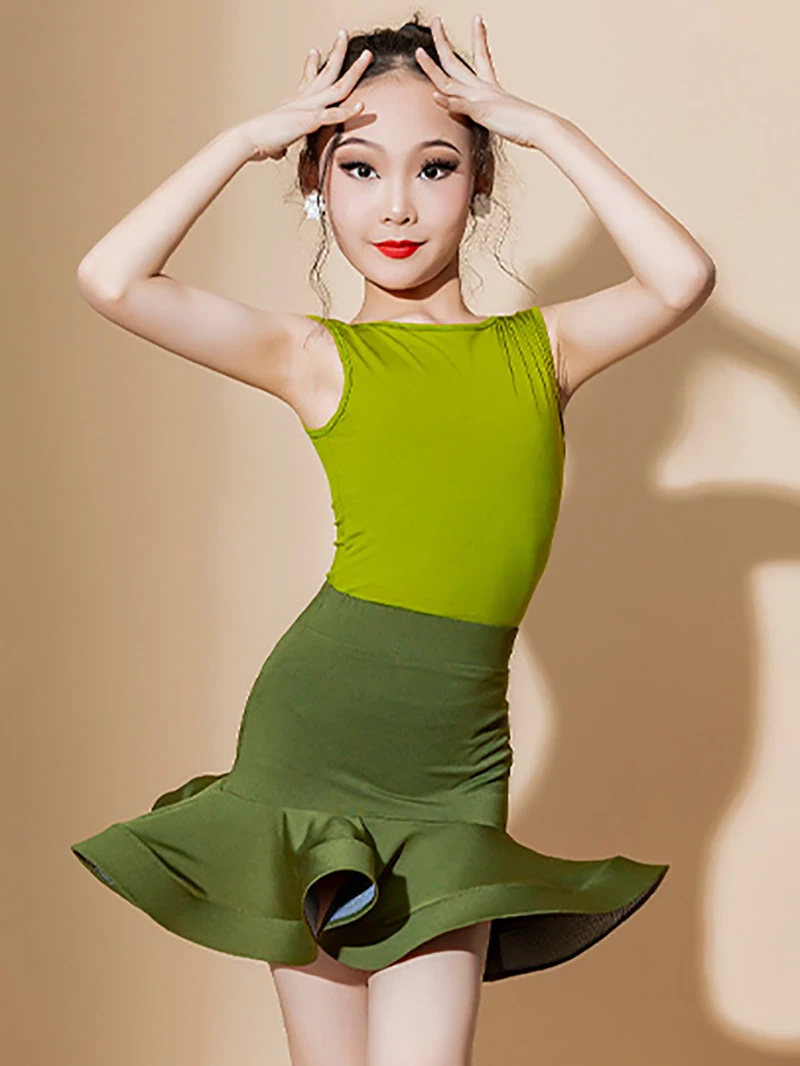 

Green Kids Girl Latin Dance Large Skirt Hem Training Backless Samba Bullfighting Chacha Rumba Professional Competition Costume