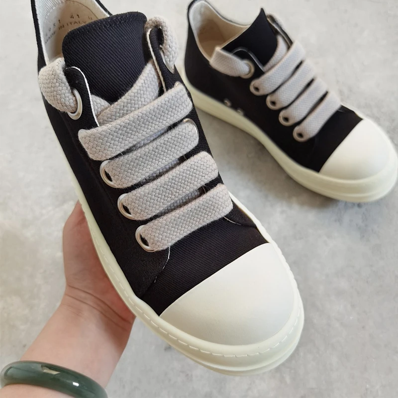 Men's Canvas Shoes Jumbo Shoelace Women's Sneakers Black Lace-up O-wen Low Top Men's Casual Shoes