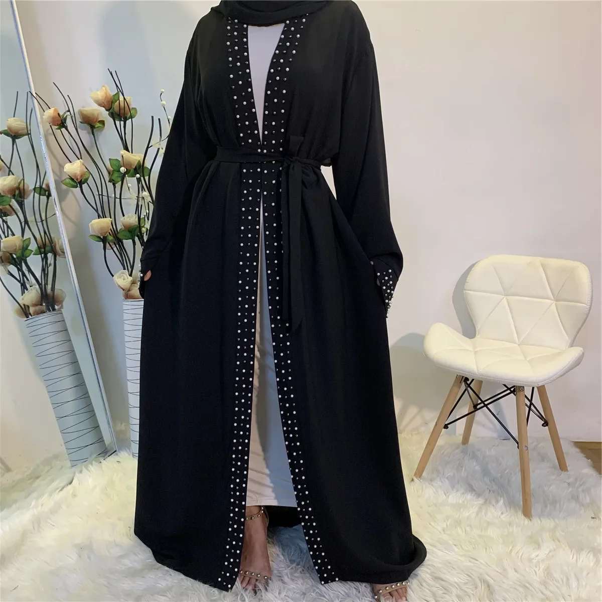 Eid Open Abaya Kimono Turkey Muslim Hijab Dress Plain Beaded Black Abayas for Women Dubai Modest Islamic Clothing Kaftan Robe