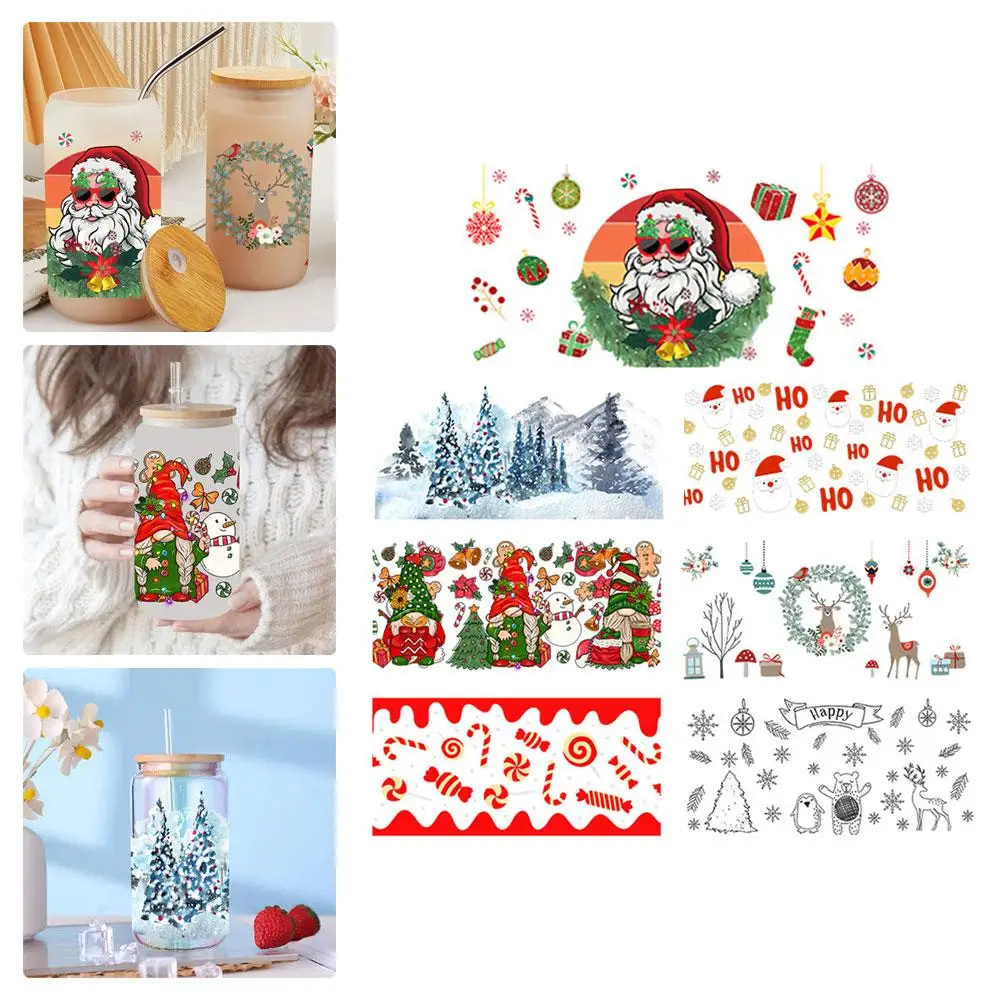 

Cute Cartoon Design Christmas 3D UV DTF Cup Wrap Transfers Waterproof 16oz Wrap Glass Labels Stickers Durable Logo U0P7