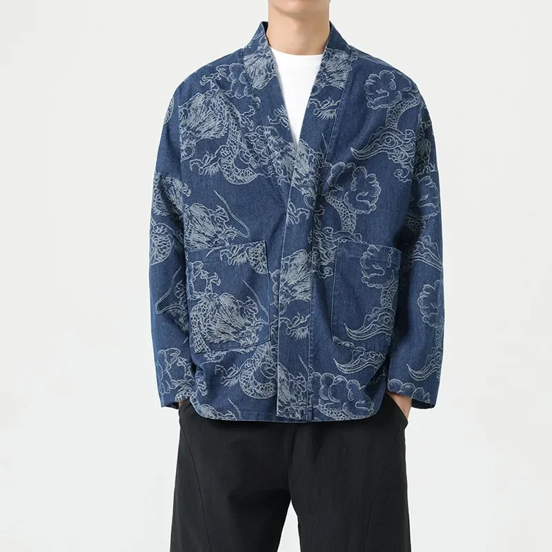 Fashionable Men's Chinese Style Dragon Pattern Denim Tang Suit Casual Leisure Suit Autumn Winter Streetwear