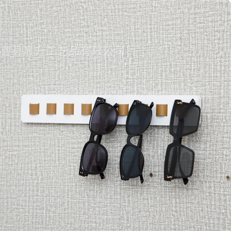 Wood Sunglasses Storage Rack Wall Mounted Self-adhesive Eyeglasses Holder Faux Leather 9 Holes Shelf Eyewear Organizer