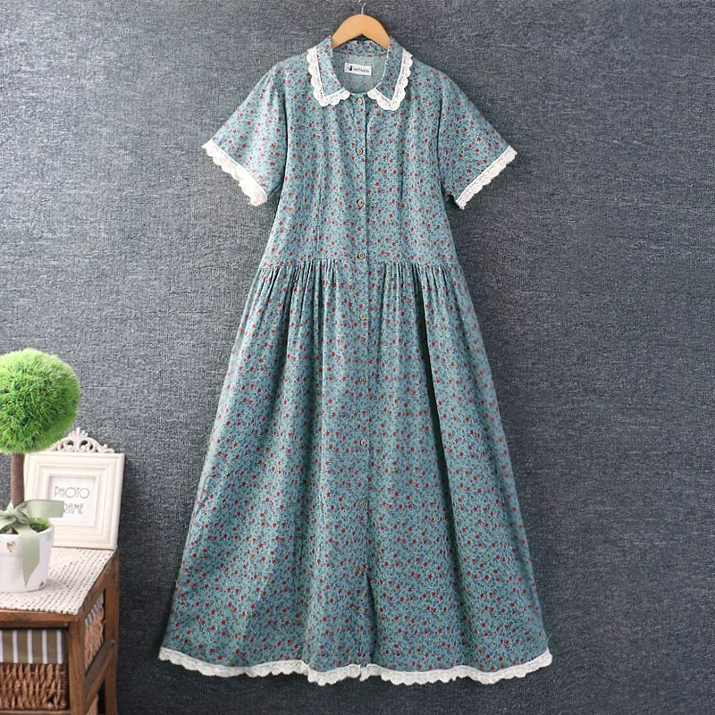 

Summer Japan Style Mori Girl Floral Print Cotton Linen Dress Women Peter Pan Collar Short Sleeve Casual Loose A-line Dresses