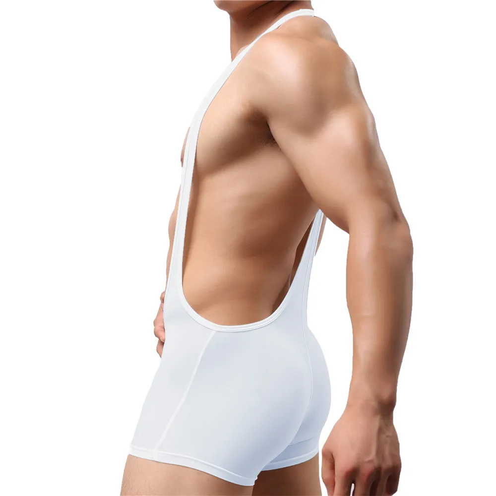 Men Elastic Undershirts Smooth Bodysuit One-Piece Jumpsuit Wrestling Singlet Leotard Pajamas Penis Pouch Boxer Shorts Underwear