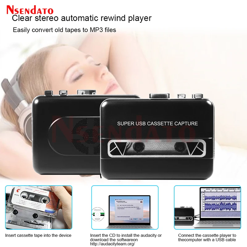 USB Cassette Player Capture Cassette Tape to MP3 Converter into Computer HiFi Digital Audio Music Player with Speaker Earphone