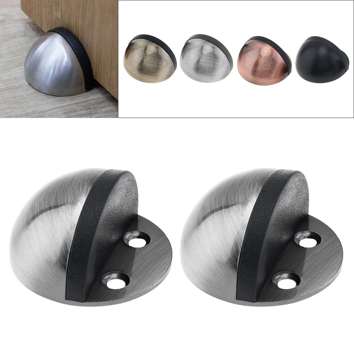 

2pcs/lot Stainless Steel Half Dome Door Stop Heavy Duty Floor Mounted with Rubber Bumper Self Adhesive Tape No Need to Drill